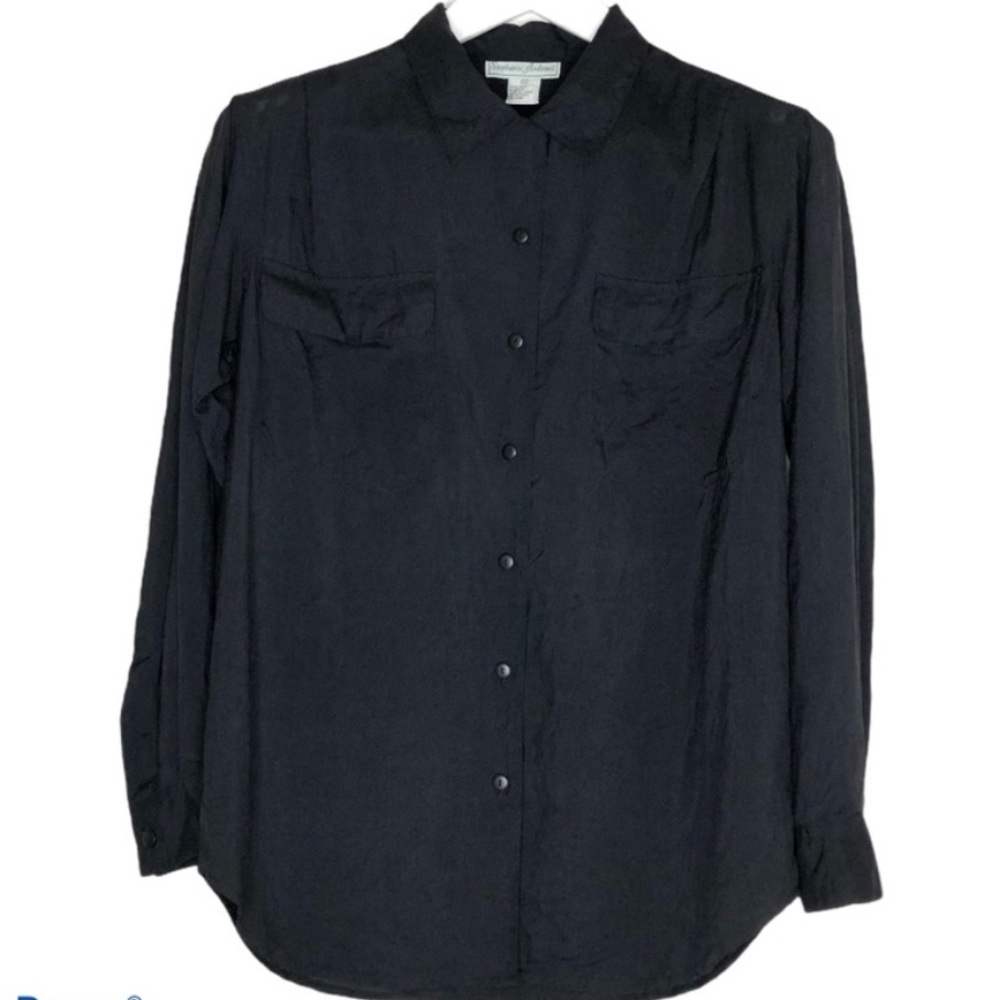 Black Oversized Button Down Shirt Silk Blouse Long Sleeve Pockets Utility Top